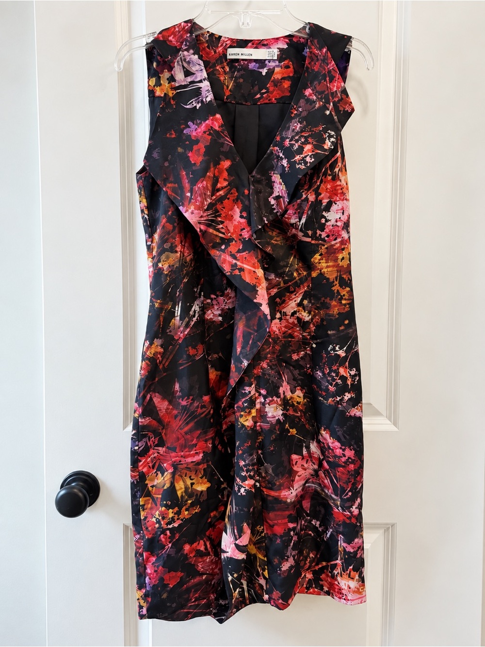 Karen Millen Black Floral Ruffle-Front Midi Dress US Size 6